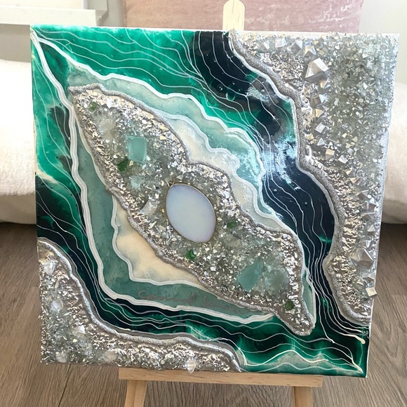 12x12 Resin Geode Painting, Deep green, silver and white on canvas panel - Picture 6 of 6